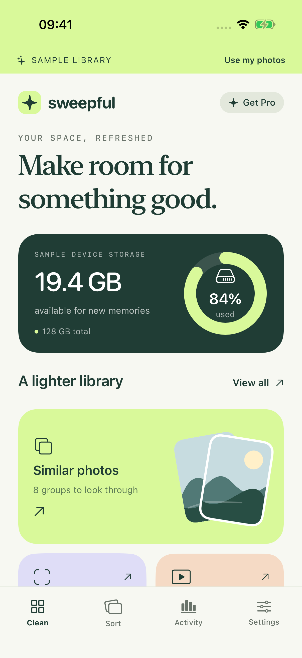 Sweepful’s sample library showing similar photos and estimated storage